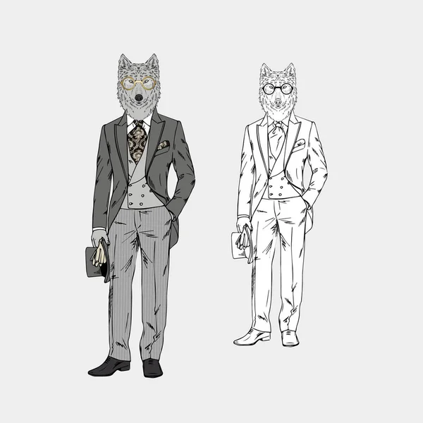 Wolf verkleed in vintage pak — Stockvector