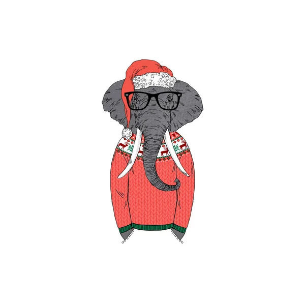 Elefante in maglione e cappello di Babbo Natale — Vettoriale Stock