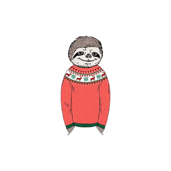재미 있은 크리스마스 스웨터에 나무늘보 — 스톡 벡터
