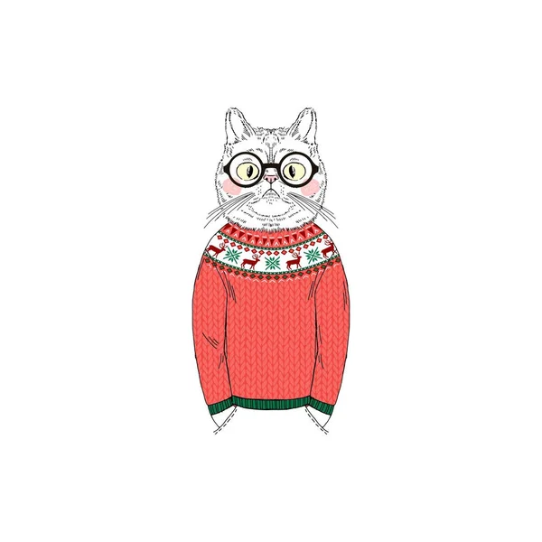 재미 있은 크리스마스 스웨터에 고양이 — 스톡 벡터