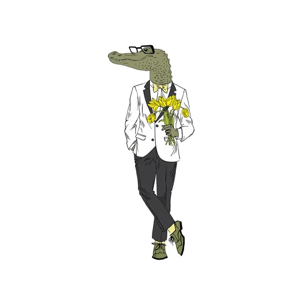 Şık takım elbise giymiş timsah adam — Stok Vektör