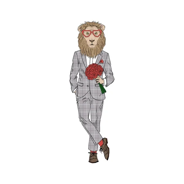 Lion man dressed up in suit with flowers — Stock Vector