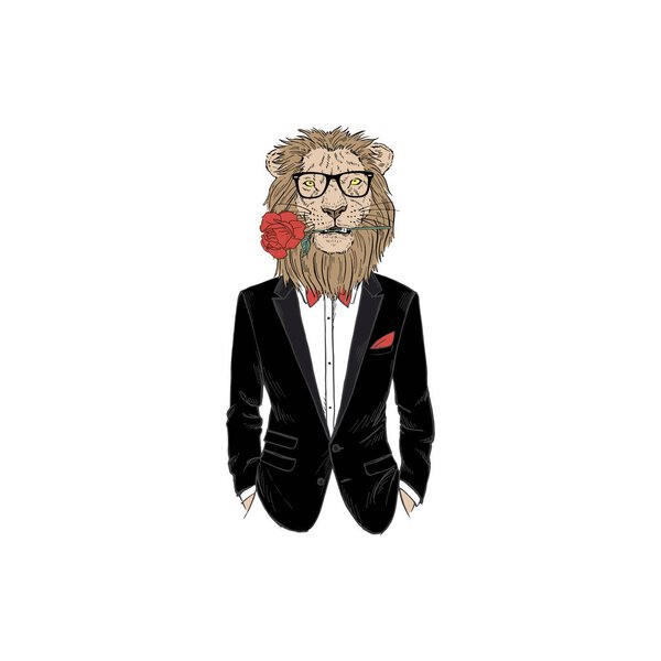 lion man dressed up in suit with flowers