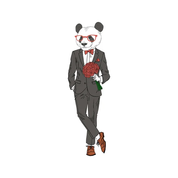 Panda-Mann im Anzug mit Blumen — Stockvektor