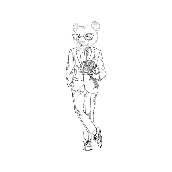 Homme panda habillé en costume avec des fleurs — Image vectorielle