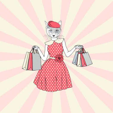 cute female cat with shopping bags, anthropomorphic animal illustration clipart