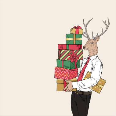 cartoon male deer with pile of xmas gifts, anthropomorphic animal illustration clipart