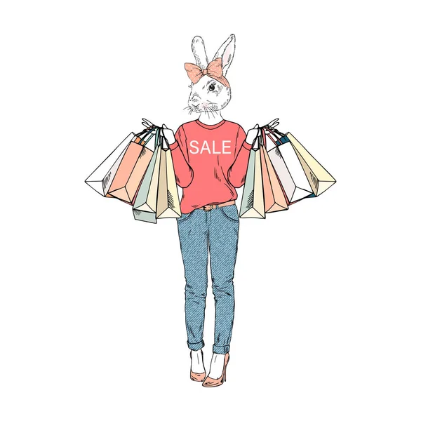 Söta Kvinnliga Kaninen Med Shoppingkassar Antropomorfa Djur Illustration — Stock vektor