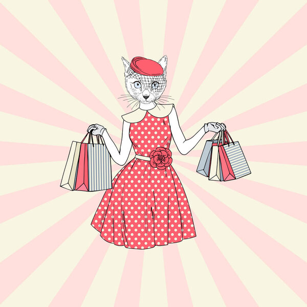 cute female cat with shopping bags, anthropomorphic animal illustration