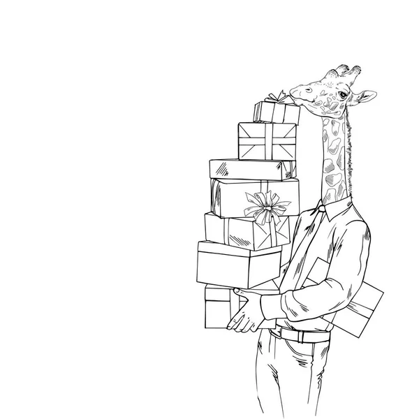 Dibujos Animados Jirafa Masculina Con Pila Regalos Navidad Ilustración Animal — Archivo Imágenes Vectoriales