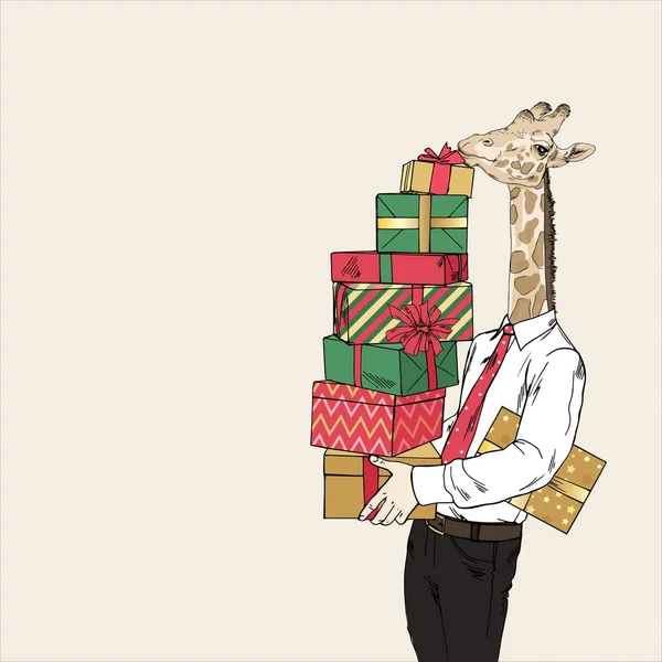 Cartoon Manlig Giraff Med Högen Xmas Gåvor Antropomorfa Djur Illustration — Stock vektor