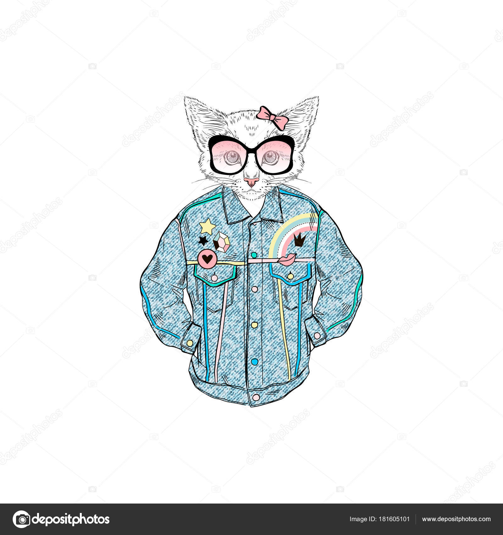 レトロなデニム ジャケット 擬人化された動物イラストの猫の女の子がドレスアップ ストックベクター ©olga.angelloz 181605101, image size:1600x1700