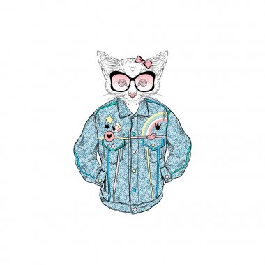 retro denim ceket, antropomorfik hayvan illüstrasyon kedi kız giyinmiş