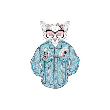 cat girl dressed up in retro denim jacket, anthropomorphic animal illustration clipart
