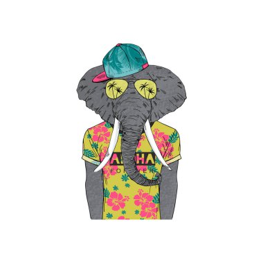 elephant dressed up in summer tee shirt, anthropomorphic animal illustration clipart