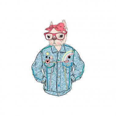 Fransız buldozer kız Retro denim ceket, antropomorfik hayvan illüstrasyon giyinmiş
