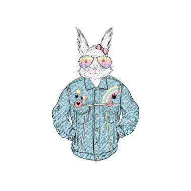 Retro denim ceket, antropomorfik hayvan illüstrasyon giyinmiş sincap kız