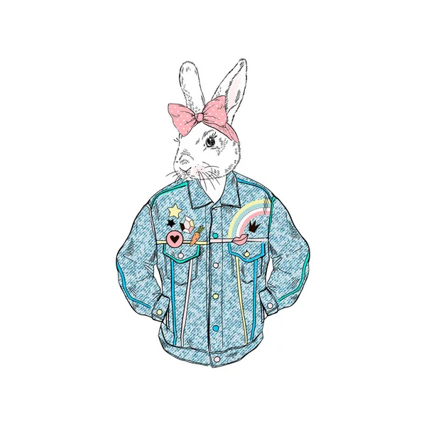 Bunny Girl Dressed Retro Denim Jacket Anthropomorphic Animal Illustration — Stock Vector