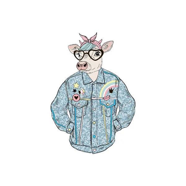 レトロなデニム ジャケット 擬人化された動物イラストで着飾った牛少女 — ストックベクタ