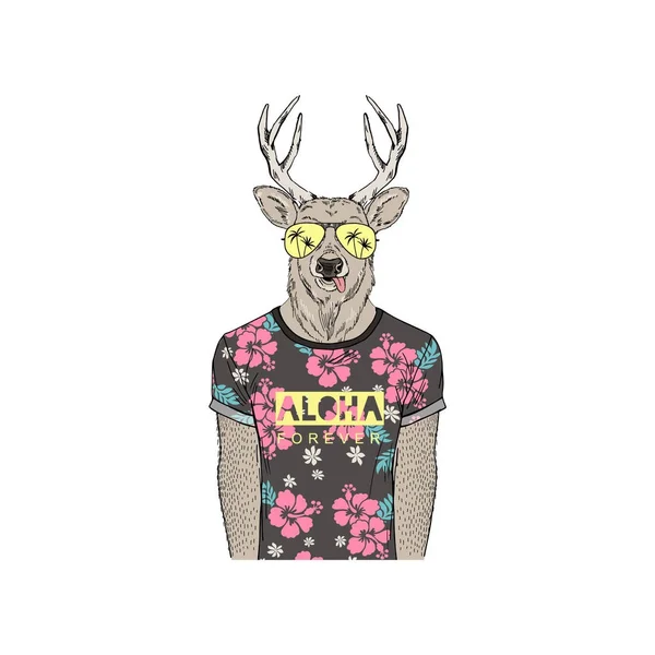 Cerf Habillé Tee Shirt Été Illustration Animalière Anthropomorphe — Image vectorielle