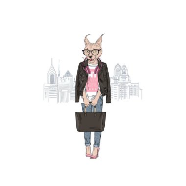 caracal cat girl from New York city, anthropomorphic animal illustration clipart
