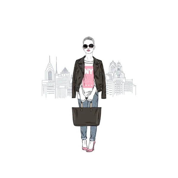 New York City Kız Moda Illüstrasyon — Stok Vektör