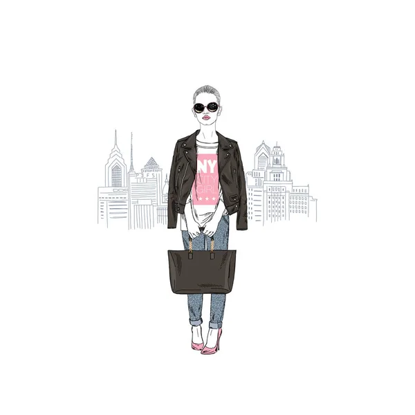 Nova York Menina Cidade Ilustração Moda —  Vetores de Stock