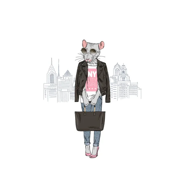 Ratto Ragazza Dalla Città New York Illustrazione Animale Antropomorfa — Vettoriale Stock