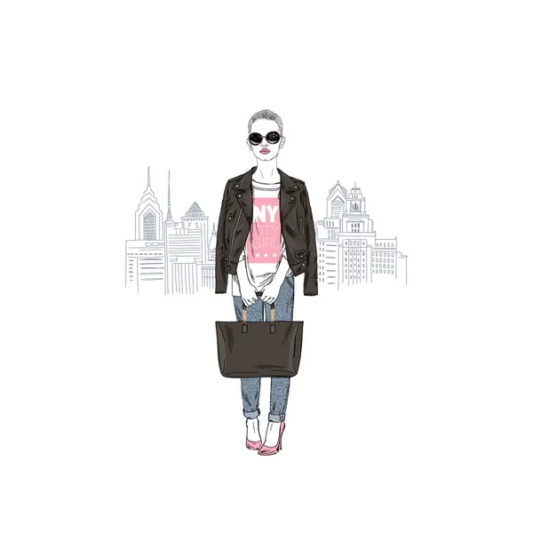 Girl Black Jacket Handbag New York City Background — Stock Vector