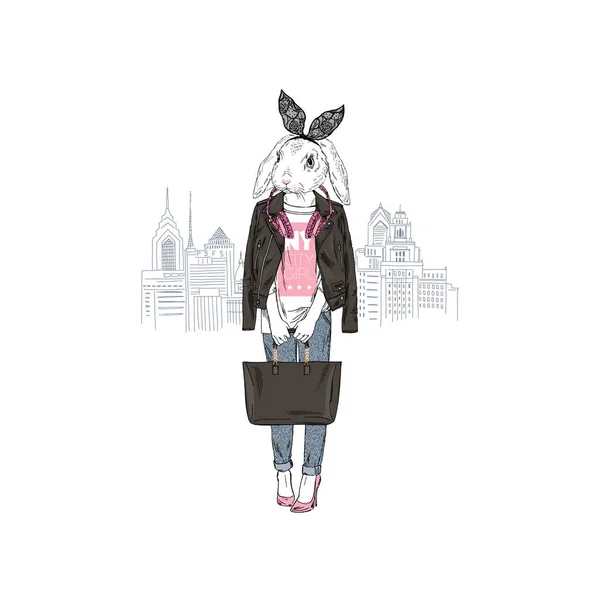 Bunny Girl Black Jacket Handbag New York City Background Anthropomorphic — Stock Vector