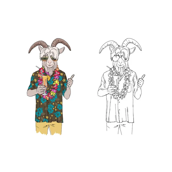 ひげを生やしたヤギの男性で正装アロハ シャツと眼鏡 擬人化された動物イラスト — ストックベクタ