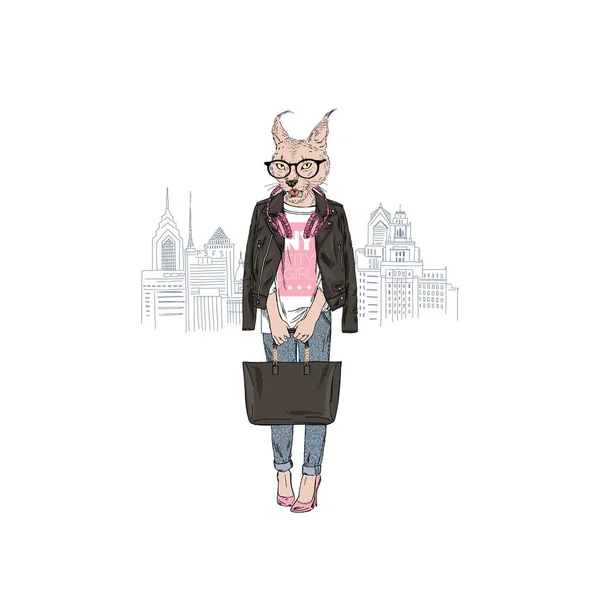 Lynx Girl Black Jacket Handbag New York City Background Anthropomorphic Royalty Free Stock Illustrations