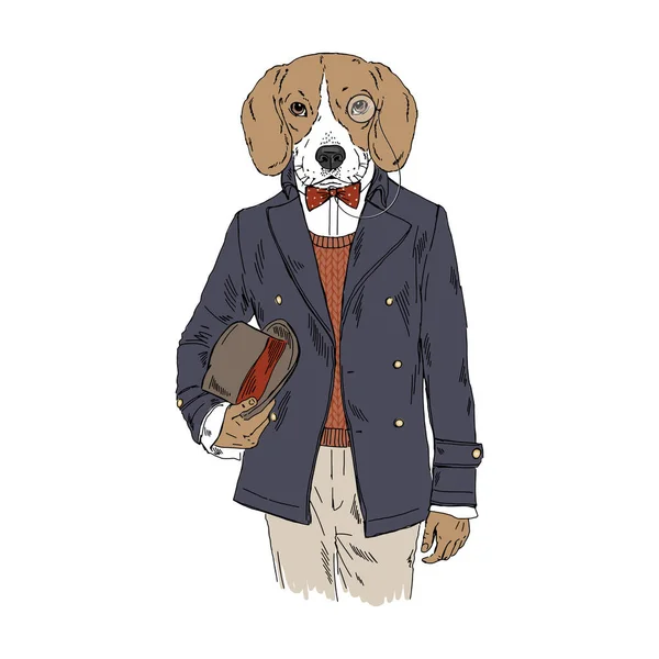 Vermenschlichter Beagle-Rassehund im Vintage-Outfit. — Stockvektor