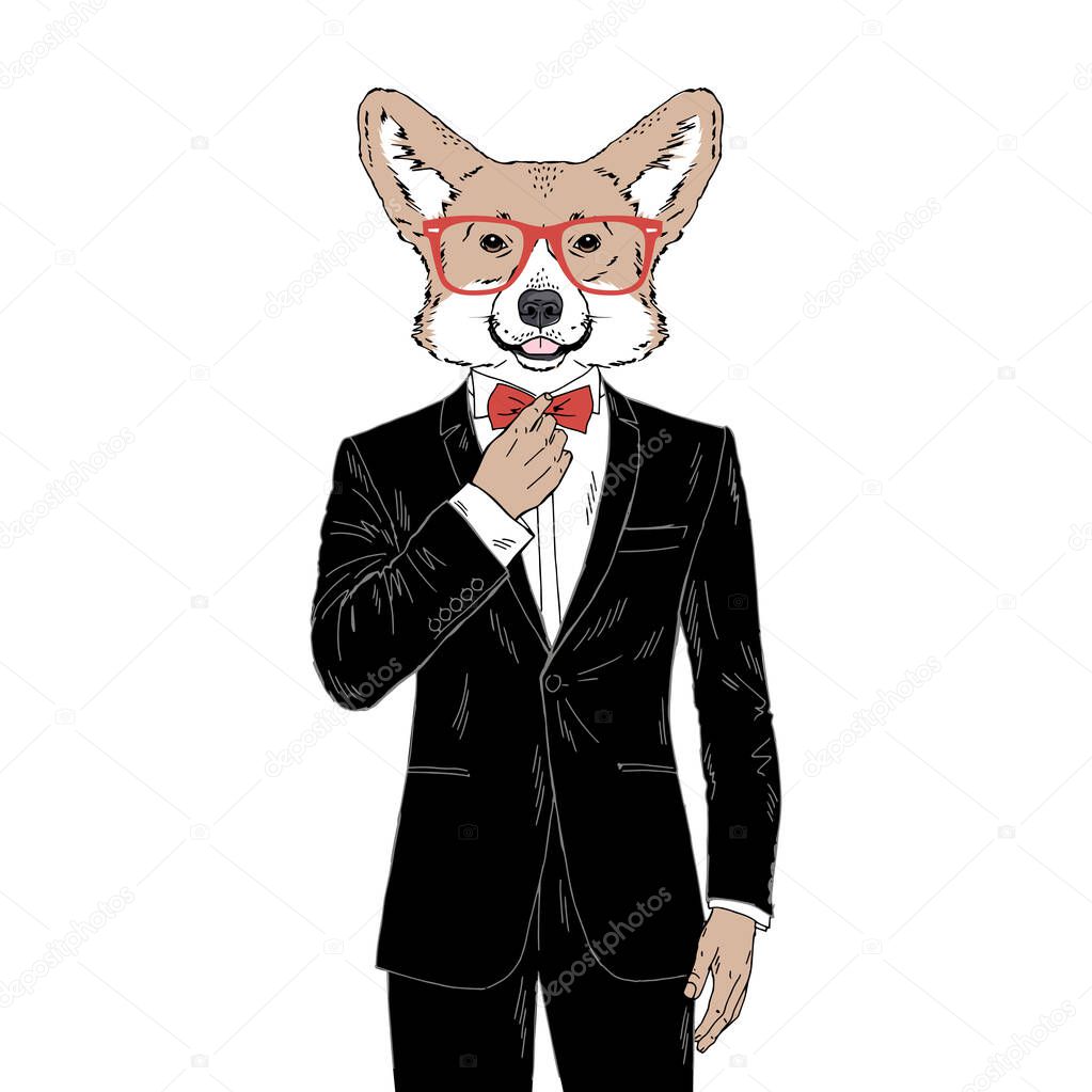 Humanized Welsh Corgi breed dog dressed up in classy outfits.
