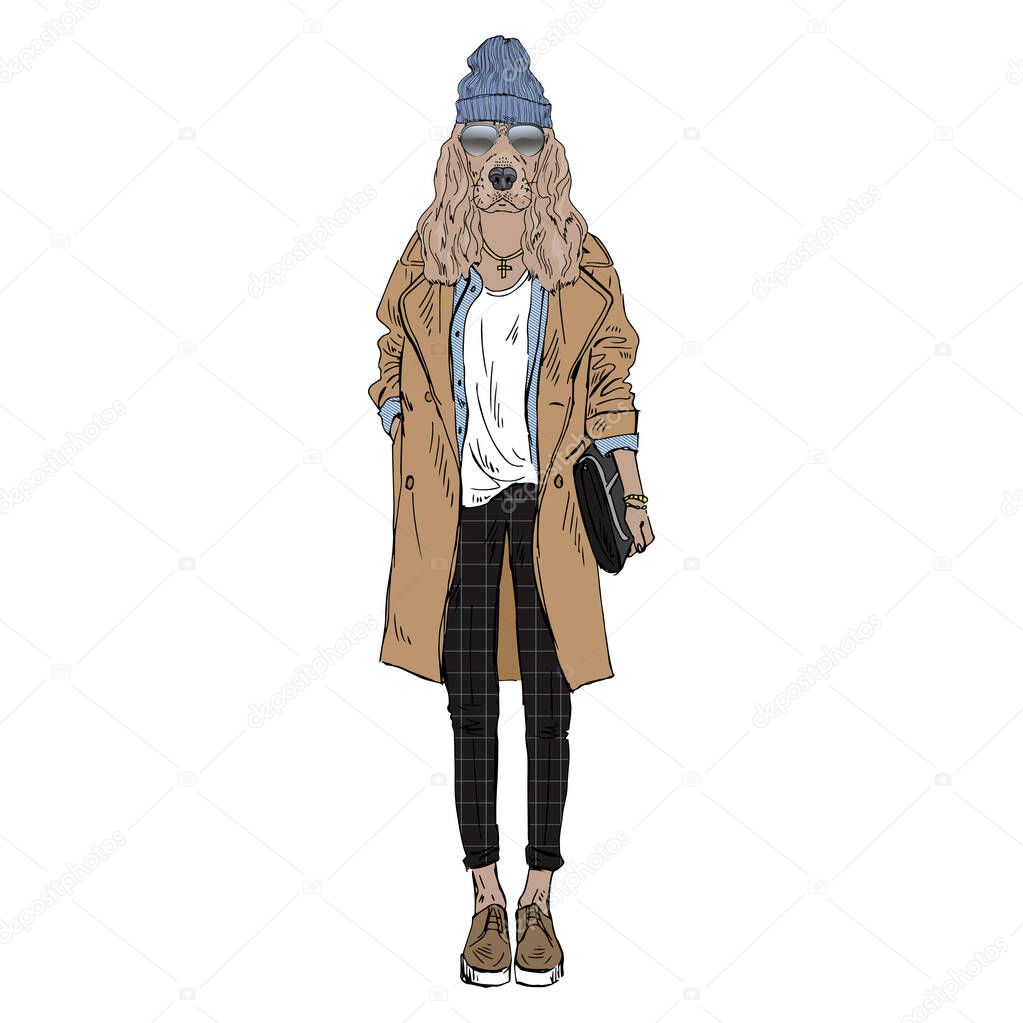 Humanized English Cocker Spaniel breed dog dressed up in modern city outfits.