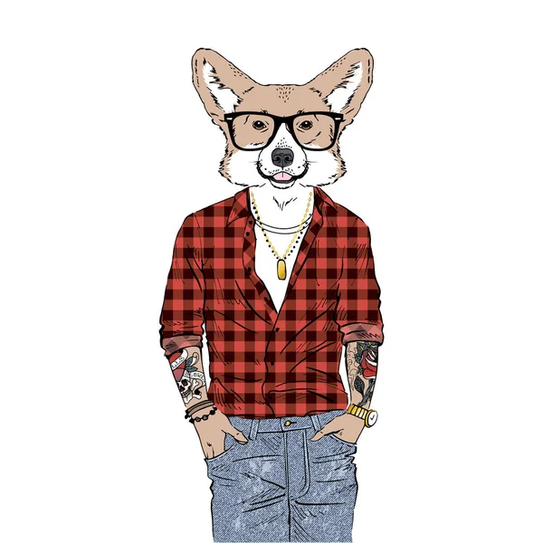 Walisische Corgi züchten Hipster Illustration. — Stockvektor