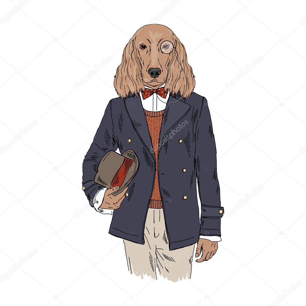 Humanized Irish Setter breed dog dressed up in vintage outfits.