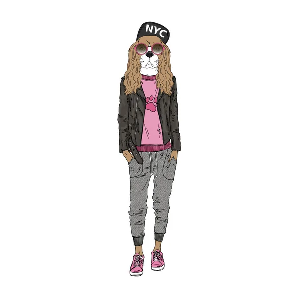 Humanized Cavalier King Charles Spaniel breed dog dressed up in modern urban outfits. — Stock Vector