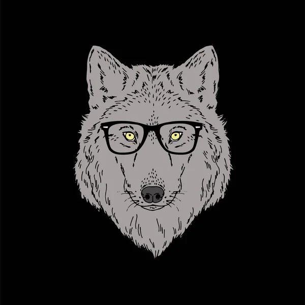 Loup forestier porter des lunettes isolées sur fond noir — Image vectorielle