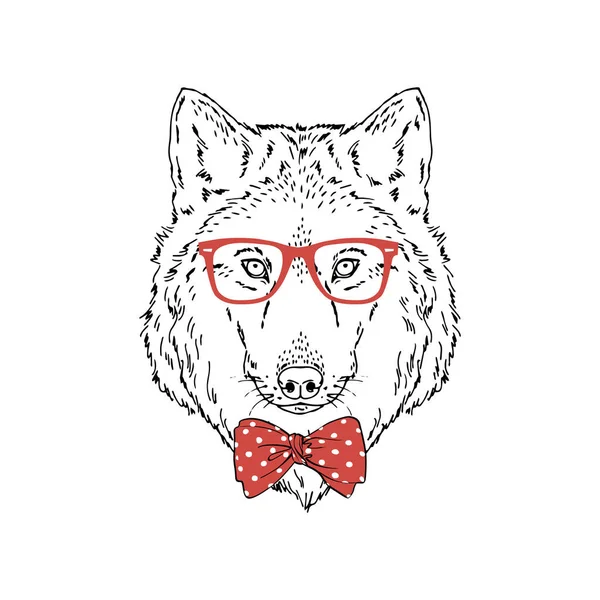 Bosque lobo usar gafas aisladas sobre fondo negro — Vector de stock