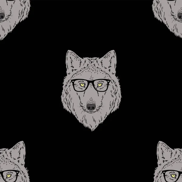 Naadloos patroon met bos wolf slijtage bril. — Stockvector
