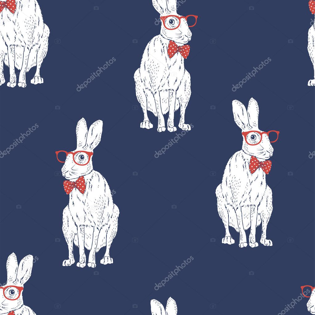 Seamless pattern with forest hare wear red tie bow and glasses.