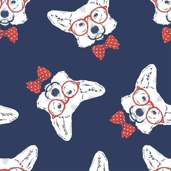 Patrón sin costuras con galés Corgi raza perro usar gafas rojas, lazo arco aislado sobre fondo azul — Archivo Imágenes Vectoriales