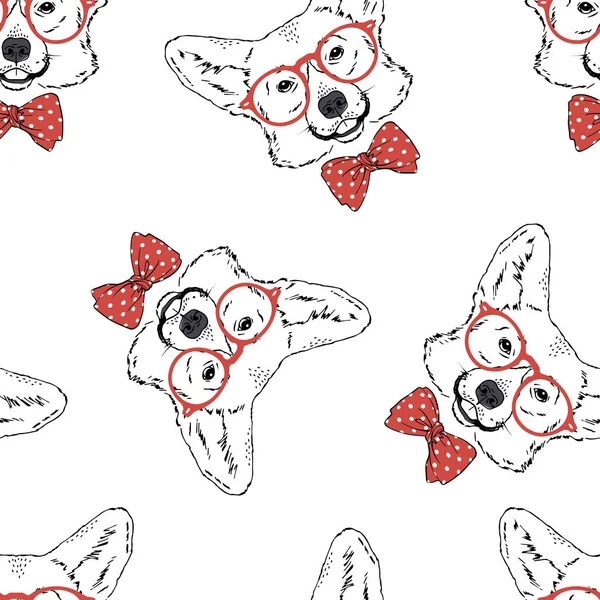 Sömlös mönster med walesiska Corgi ras hund bära röda glasögon, slips båge isolerad på vit bakgrund — Stock vektor