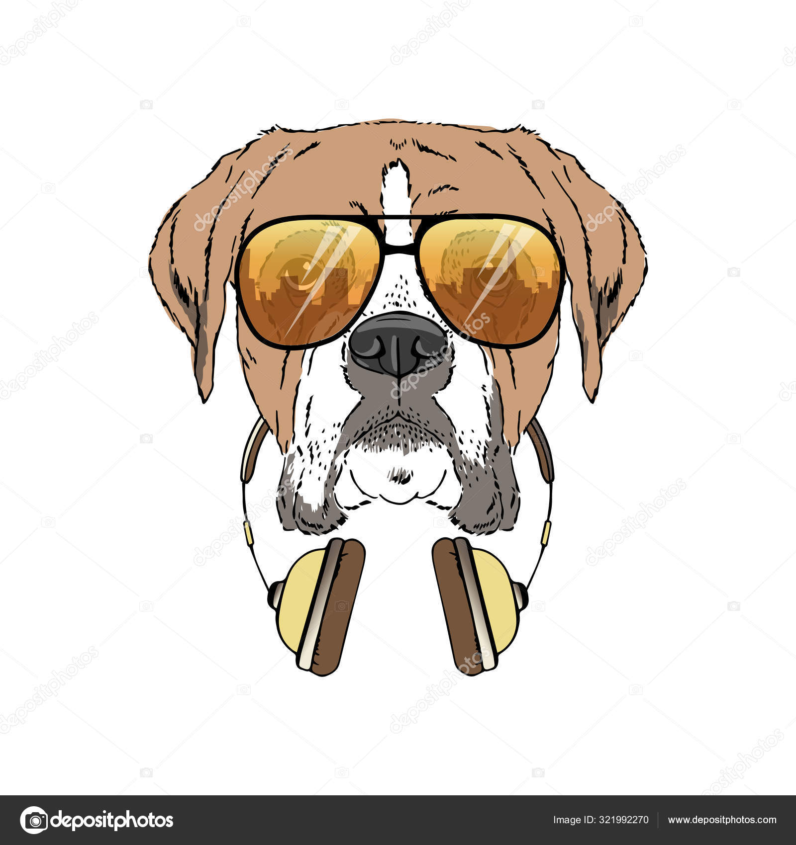 Boxer breed dog wear sunglasses, headphones isolated on white background  Stock Vector Image by © #321992270