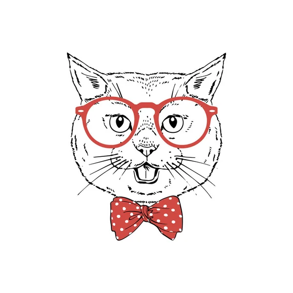 British shorthair race chat porter des lunettes rouges, noeud papillon isolé sur fond blanc — Image vectorielle