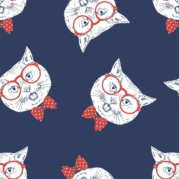 Naadloos patroon met Britse steno ras kat dragen rode bril, strik strik geïsoleerd op blauwe achtergrond — Stockvector