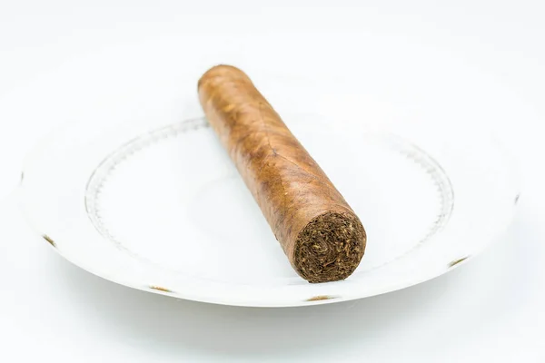 Thick Cigar Twisted Sheets White Saucer White Background — Stock Photo, Image