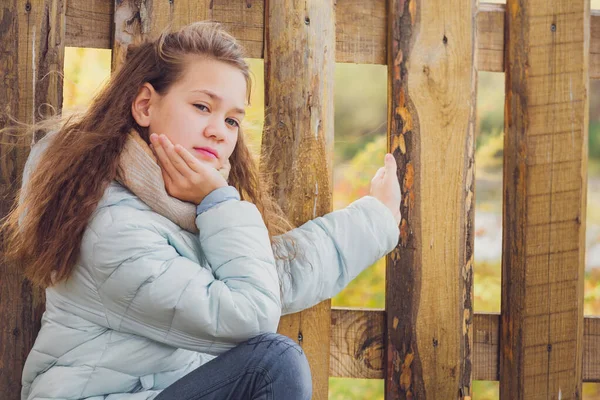 Fată frumoasă în eșarfă și jachetă albastră în jos este ghemuit ținând gard de lemn în sat într-o zi răcoroasă de toamnă . — Fotografie, imagine de stoc