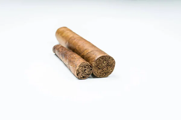 Two Cuban Cigars Twisted Sheets White Background — Stock Photo, Image